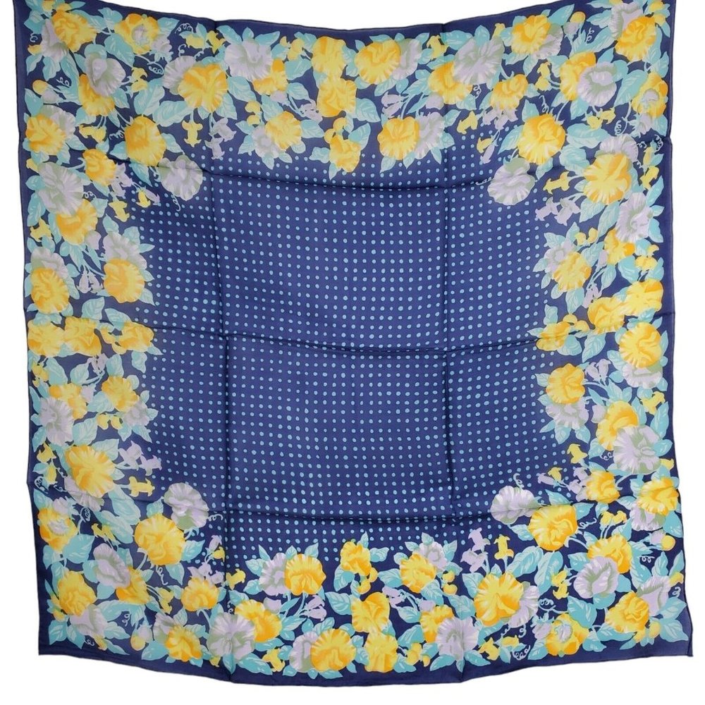 Vintage Silk Scarf Square Blue Yellow Floral Polka Dot 29"  Hand Rolled